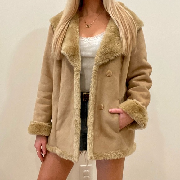 Vintage Jackets & Blazers - Vintage Faux Suede Faux Fur Lined Collared Penny Lane Jacket Coat in Camel/Tan